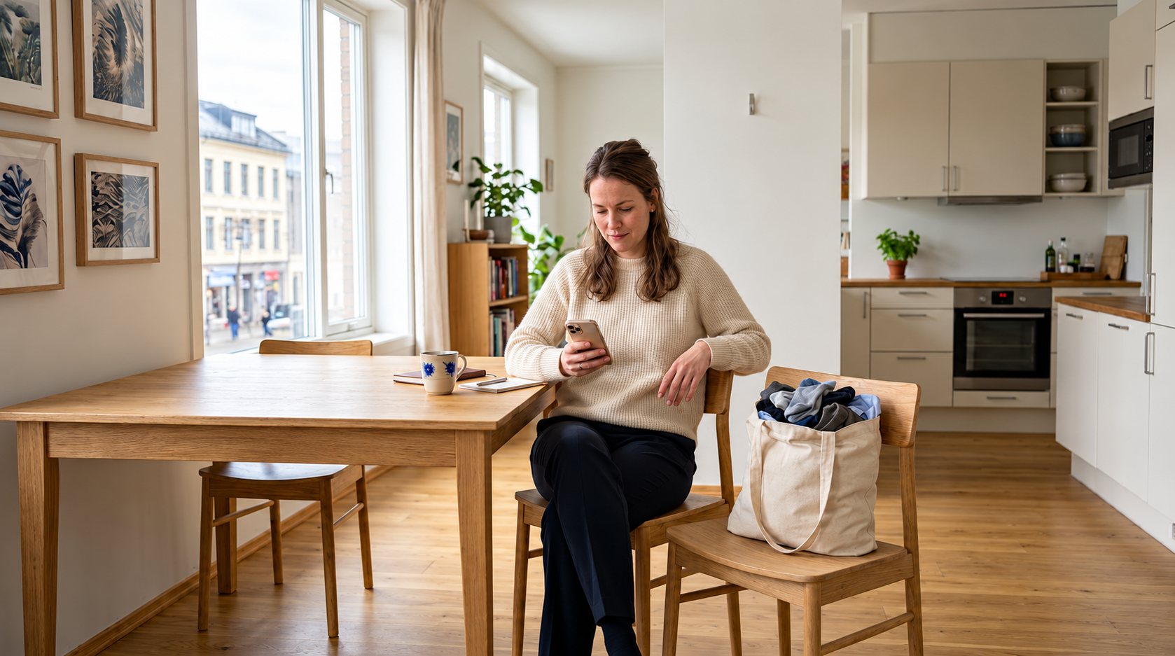 Kvinne bestiller rens på mobilen med klær klare til henting ved siden av